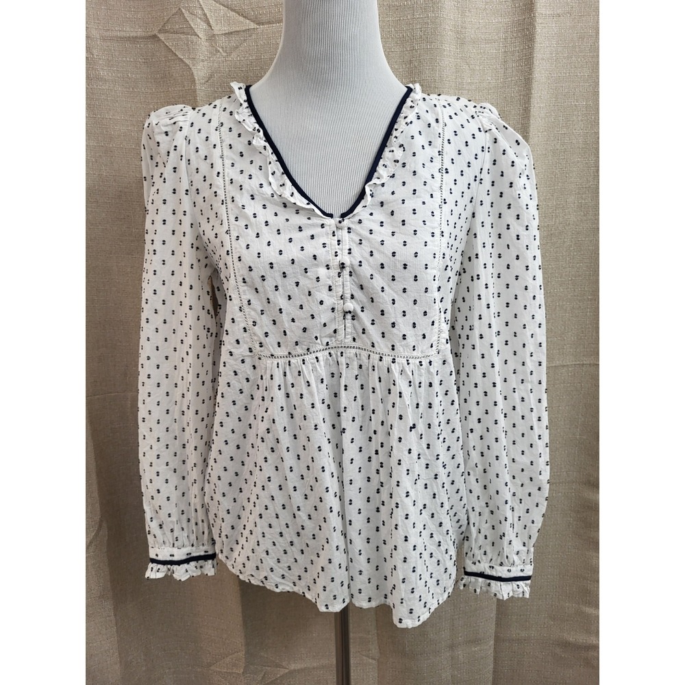 LOFT Womens White Navy Blue Diamond Clip Dot Ruffle V-Neck Blouse Small Chic